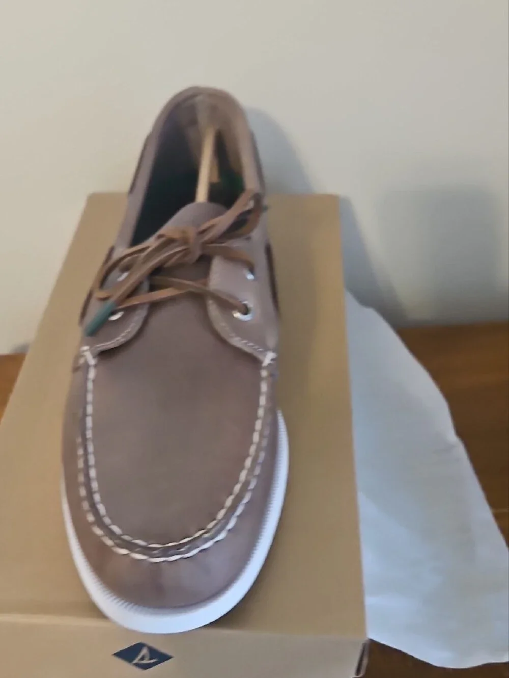 Sperry Taupe Cardboard Shoe Box with Navy Logo